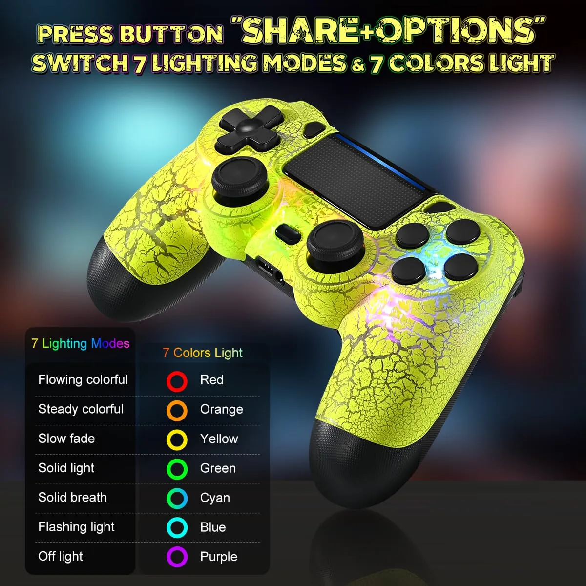 MOOGOLE Wireless Controller Compatible with PS4 - with 7 Lighting Modes, 7 Colors LED Light, Unique Crack, 2 Thumb Grips, Dual Vibration Feedback, 6-Axis Motion Sensing