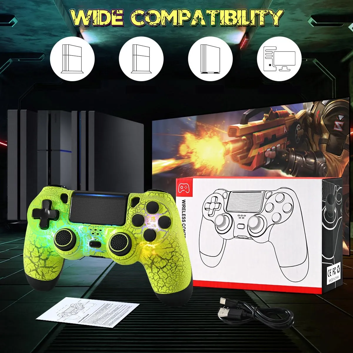 MOOGOLE Wireless Controller Compatible with PS4 - with 7 Lighting Modes, 7 Colors LED Light, Unique Crack, 2 Thumb Grips, Dual Vibration Feedback, 6-Axis Motion Sensing
