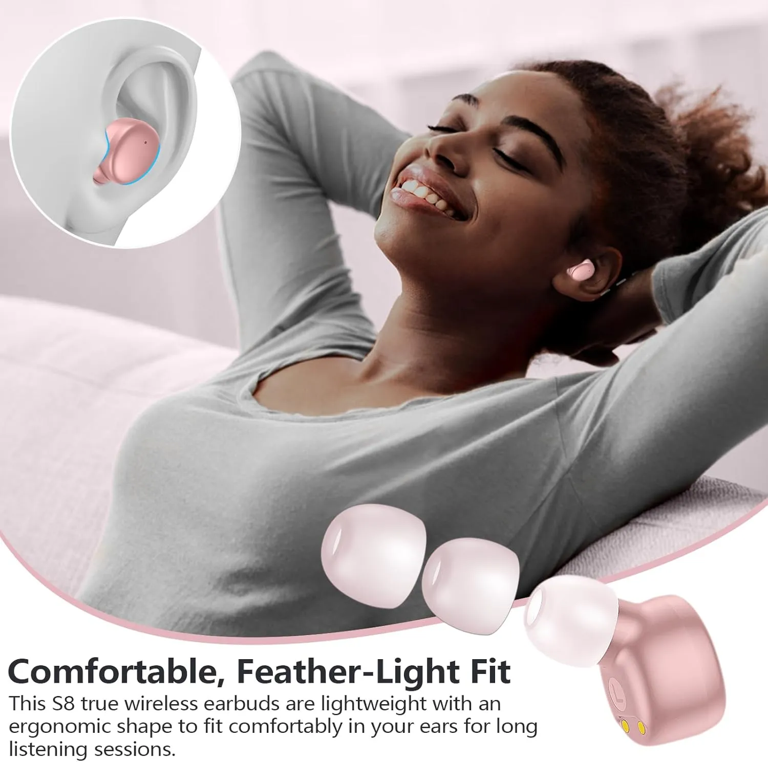 MOZOTER S8 Mini Wireless Earbuds Bluetooth 5.3 in Ear Light-Weight Headphones,60Hrs Playtime Ear Buds with Charging Case,Bluetooth Headsets,Premium Sound with Deep Bass for Sport-Pink