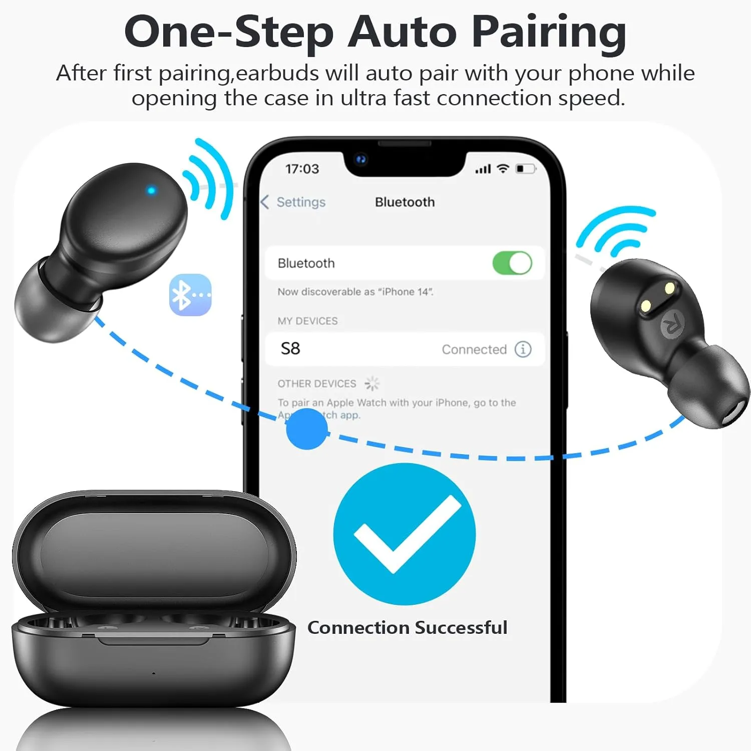 MOZOTER S8 Mini Wireless Earbuds Bluetooth 5.3 in Ear Light-Weight Headphones,60Hrs Playtime Ear Buds with Charging Case,Smart Ring,Fitness Tracker Premium Sound with Deep Bass for Sport-Black