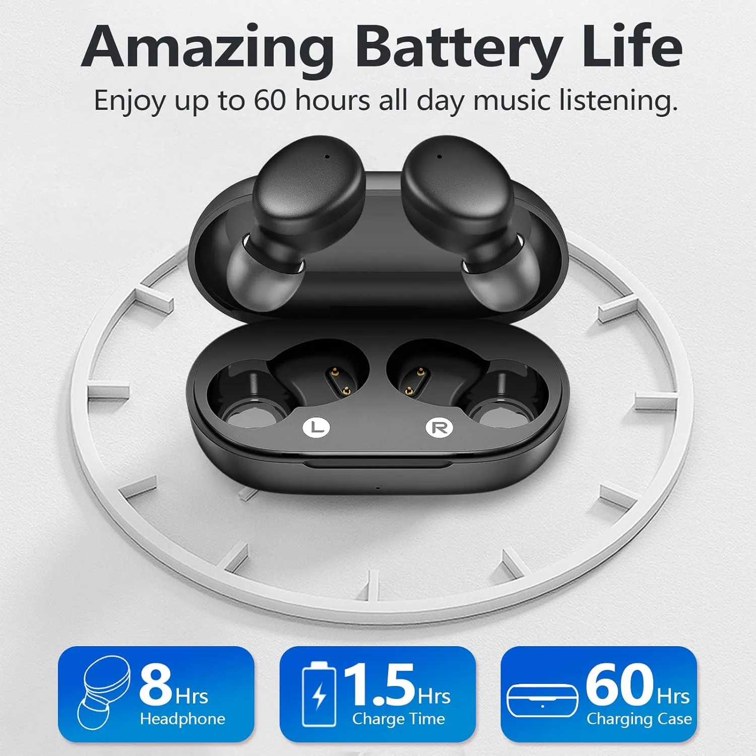 MOZOTER S8 Mini Wireless Earbuds Bluetooth 5.3 in Ear Light-Weight Headphones,60Hrs Playtime Ear Buds with Charging Case,Smart Ring,Fitness Tracker Premium Sound with Deep Bass for Sport-Black