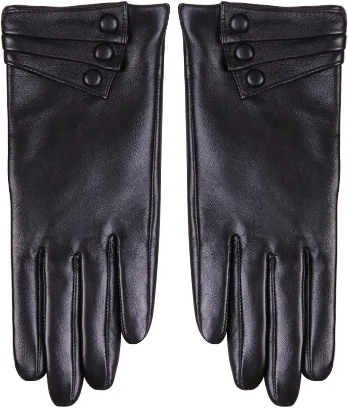 Nappaglo Nappa Leather Gloves Warm Lining Winter Button Decoration Lambskin for Women