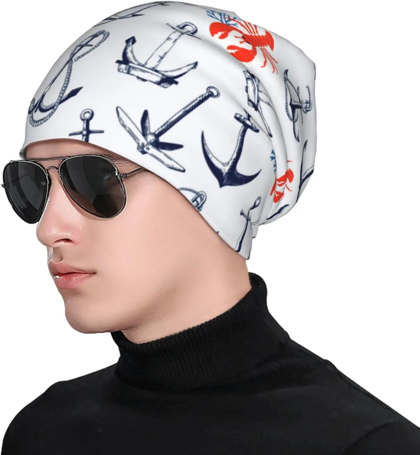 Nautical Anchor Knit Beanie Hat Adults Stretch Knitted Skull Beanies Cap Hats for Women Men