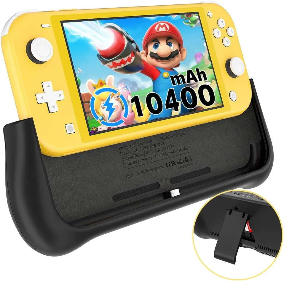 NEWDERY External Battery Station for Nintendo Switch Lite, 10400mAh Backup Portable Charger Case Support PD Quick Charging 2 Extra Game Card Slots Adjustable Kickstand for Switch Lite Battery Pack
