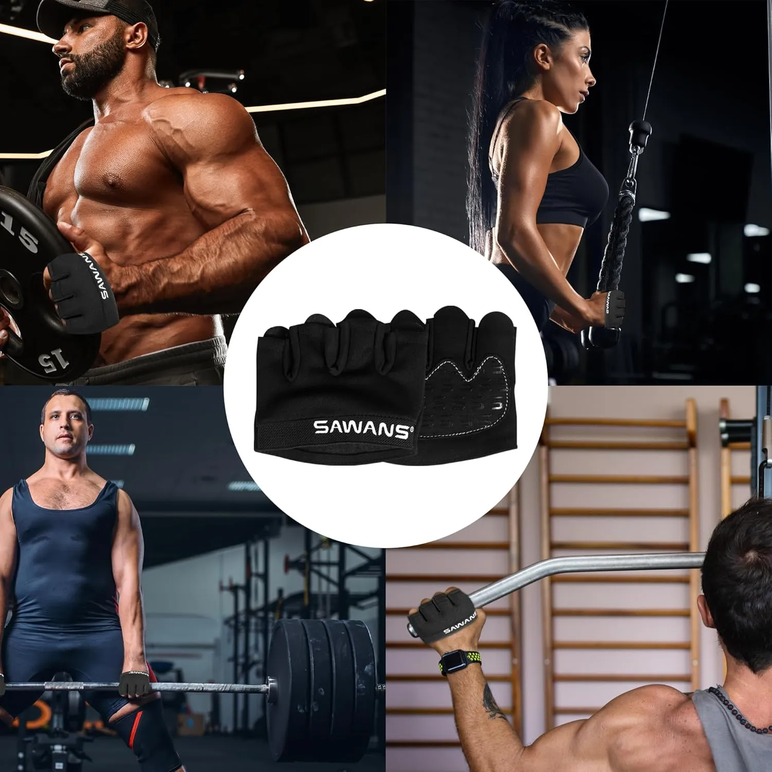 Nonslip Workout Gloves for Men & Women, Weightlifting, Gym, Exercise, Fitness, Black, Minimalist, Finger Protectors, Half Finger Glove, Ambidextrous, Adjustable