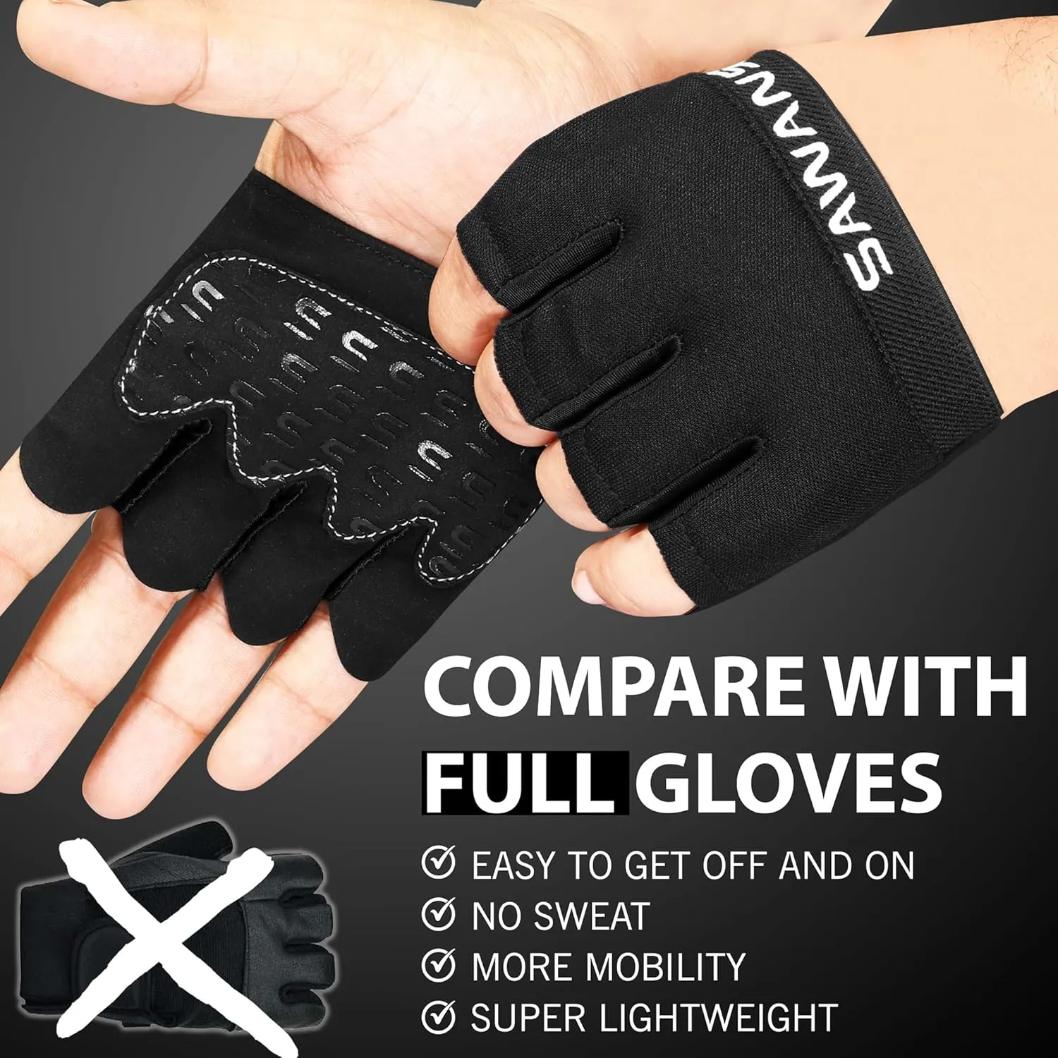 Nonslip Workout Gloves for Men & Women, Weightlifting, Gym, Exercise, Fitness, Black, Minimalist, Finger Protectors, Half Finger Glove, Ambidextrous, Adjustable