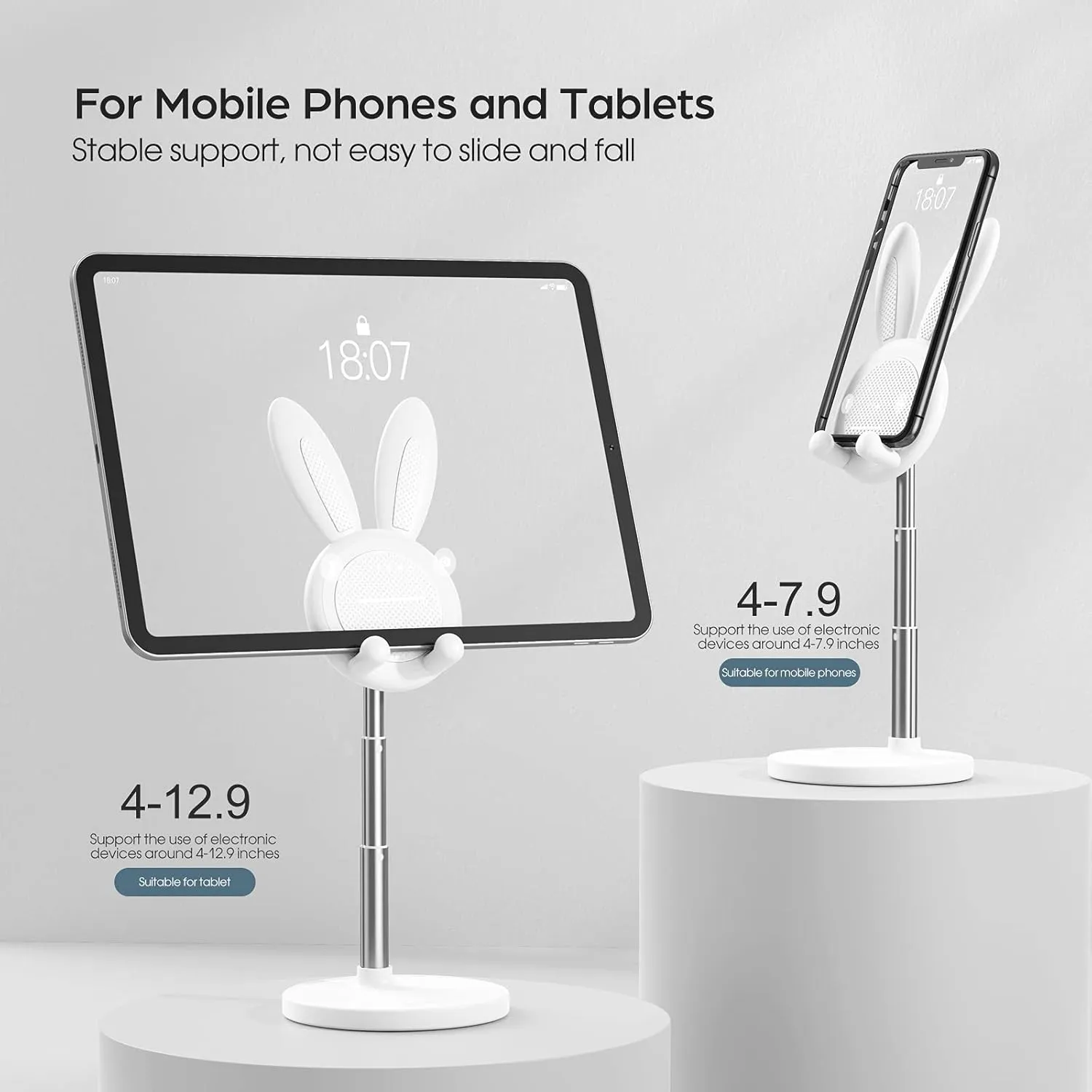 OATSBASF Cute Cell Phone Stand, Adjustable Bunny Phone Stand for Desk, Thick Case Friendly Holder Compatible with iPhone, Kindle, iPad, Switch, All Phones (White)