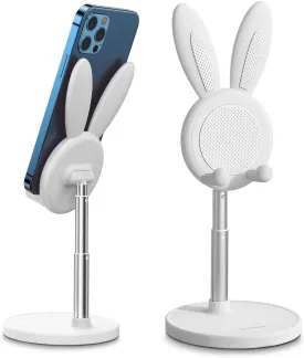OATSBASF Cute Cell Phone Stand, Adjustable Bunny Phone Stand for Desk, Thick Case Friendly Holder Compatible with iPhone, Kindle, iPad, Switch, All Phones (White)