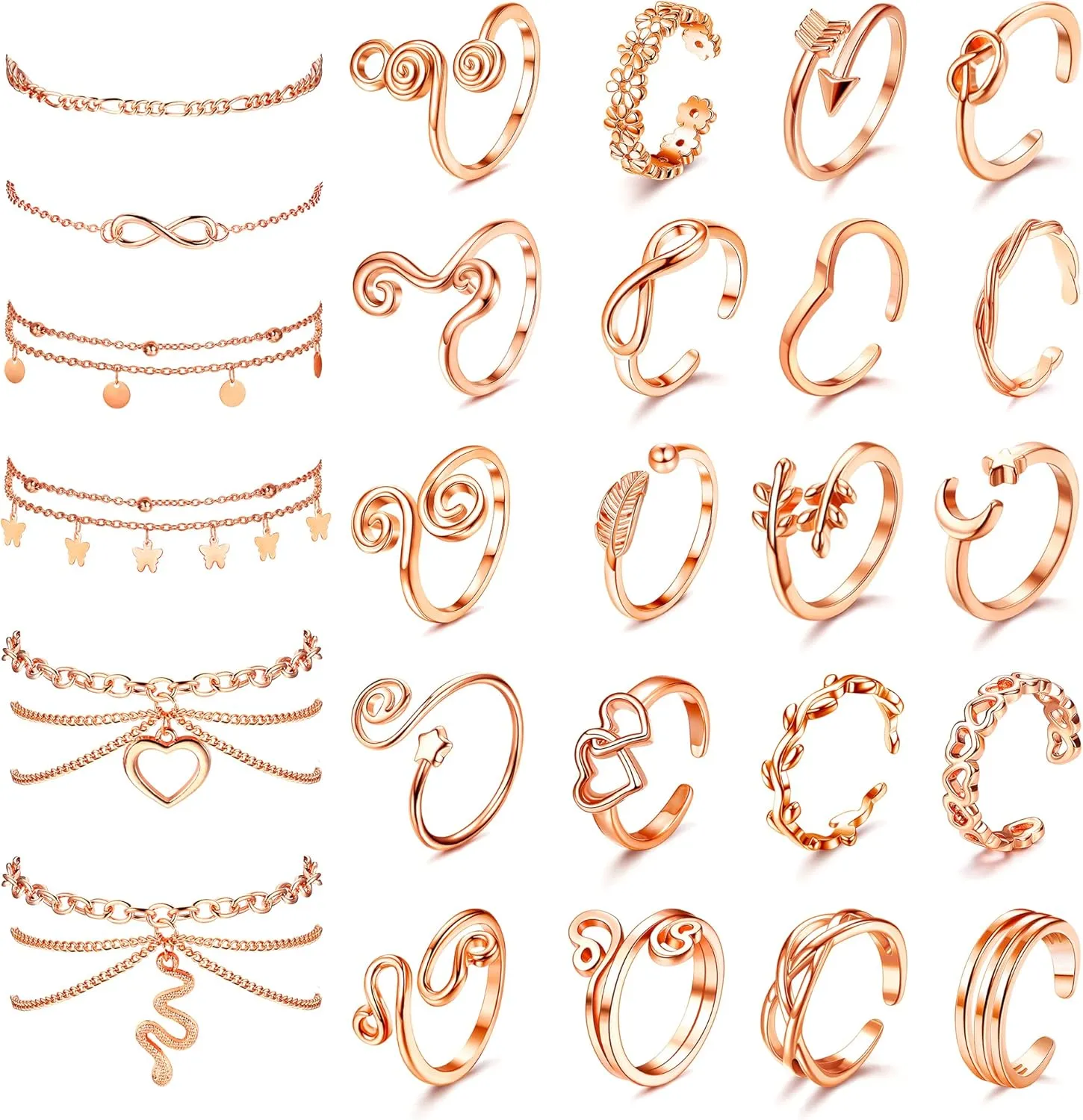 ORAZIO Toe Rings and Ankle Bracelets for Women Silver Rose Gold Plated Anklet Toe Rings Cute Layered Anklets Open Tail Ring Adjustable Beach Foot Jewelry for Summer,Rose Gold
