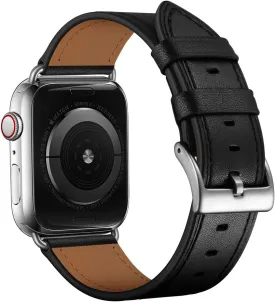 OUHENG Compatible with Apple Watch Band 45mm/49mm/44mm/46mm/42mm, Genuine Leather Strap Replacement Band Compatible with Apple Watch Ultra 1/2 Series 9/10/8/7/SE/6/5/4/3/2/1 Men Black Silver