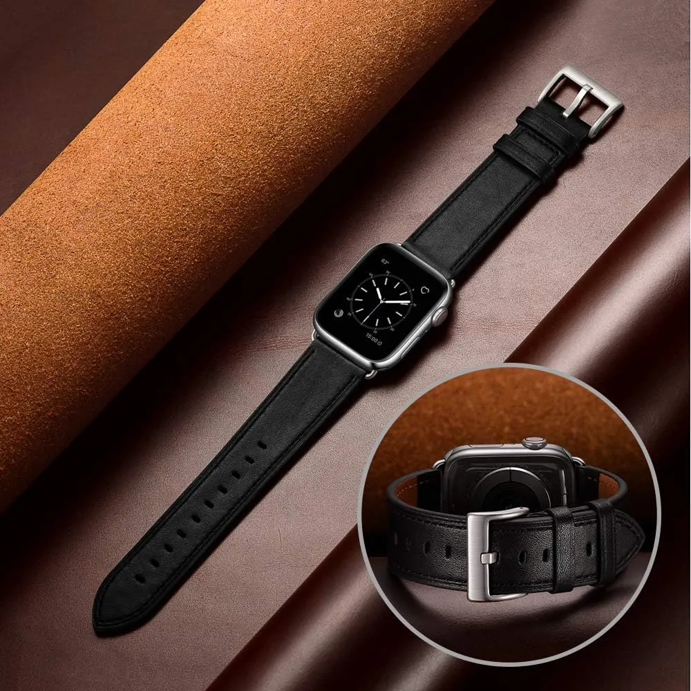 OUHENG Compatible with Apple Watch Band 45mm/49mm/44mm/46mm/42mm, Genuine Leather Strap Replacement Band Compatible with Apple Watch Ultra 1/2 Series 9/10/8/7/SE/6/5/4/3/2/1 Men Black Silver