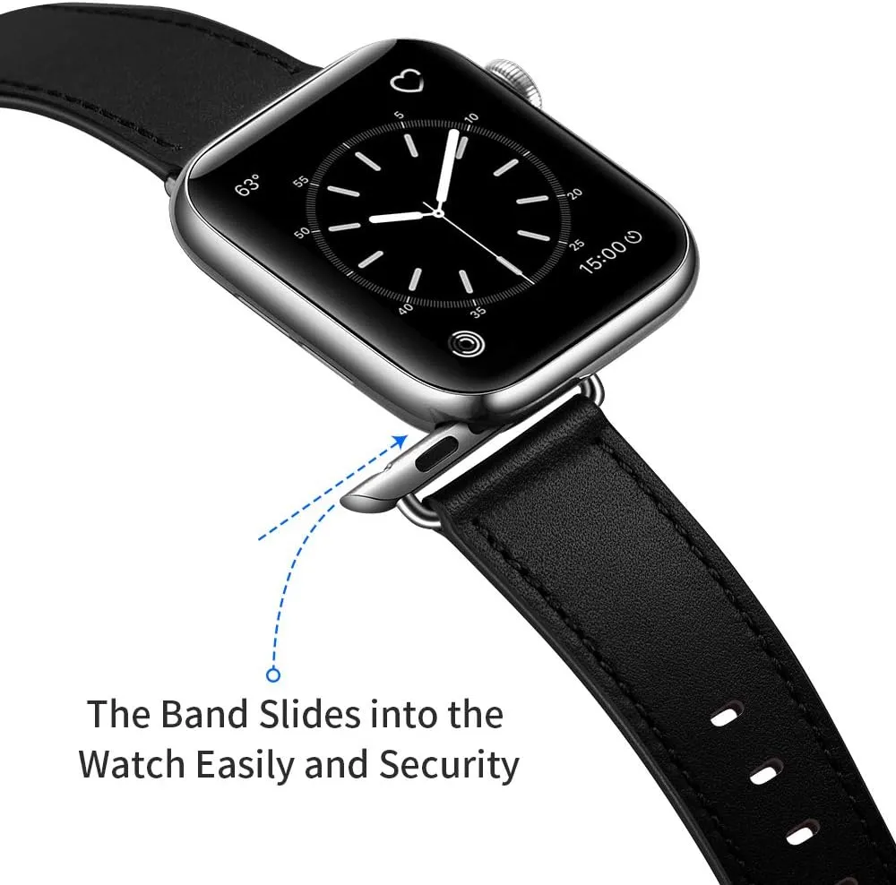 OUHENG Compatible with Apple Watch Band 45mm/49mm/44mm/46mm/42mm, Genuine Leather Strap Replacement Band Compatible with Apple Watch Ultra 1/2 Series 9/10/8/7/SE/6/5/4/3/2/1 Men Black Silver