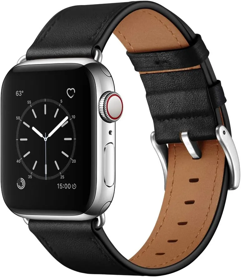 OUHENG Compatible with Apple Watch Band 45mm/49mm/44mm/46mm/42mm, Genuine Leather Strap Replacement Band Compatible with Apple Watch Ultra 1/2 Series 9/10/8/7/SE/6/5/4/3/2/1 Men Black Silver