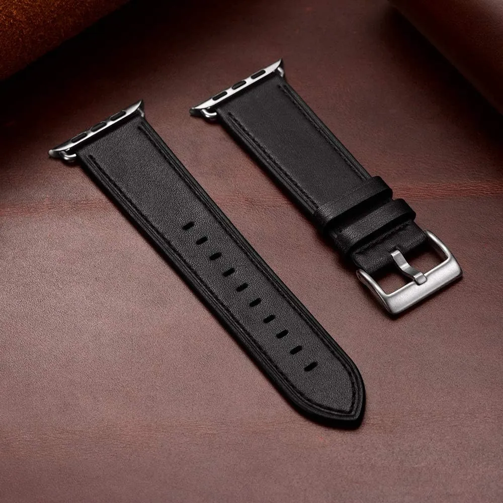 OUHENG Compatible with Apple Watch Band 45mm/49mm/44mm/46mm/42mm, Genuine Leather Strap Replacement Band Compatible with Apple Watch Ultra 1/2 Series 9/10/8/7/SE/6/5/4/3/2/1 Men Black Silver