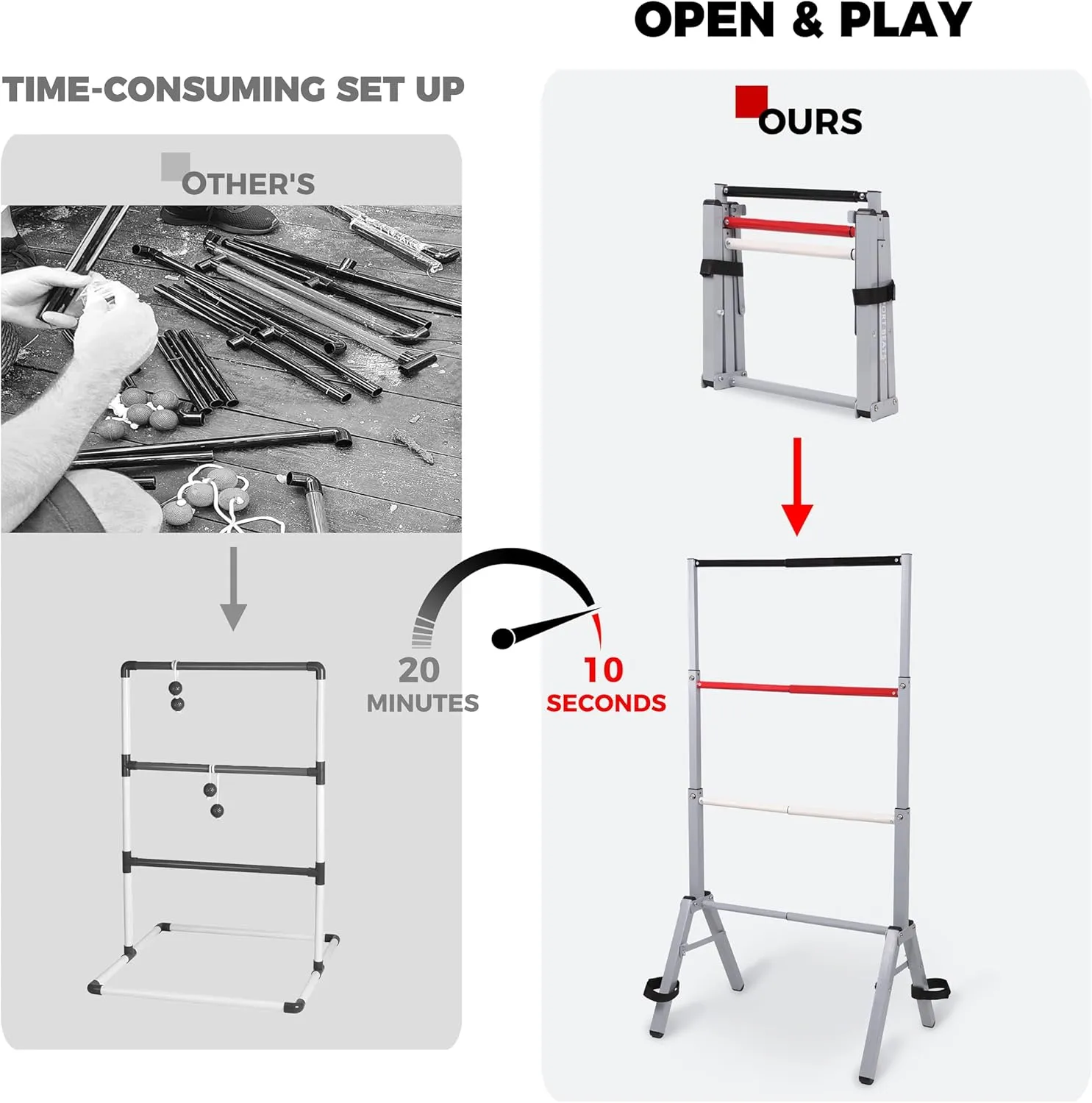 Outdoor Games Ladder Ball Set Assembly Free Portable Ladder Toss Pro Steel Frame Includes Carrying Case, 6 Bolas and Scoreboard