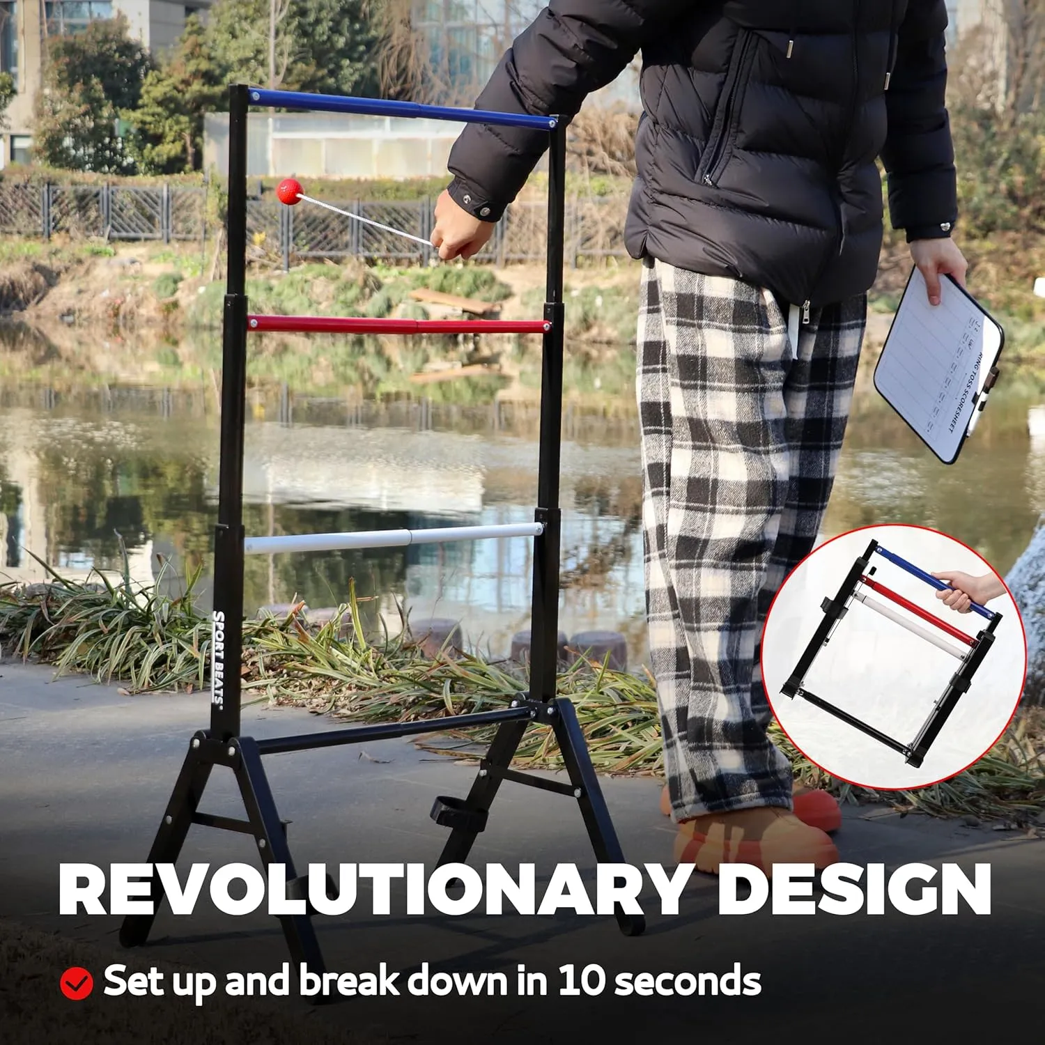 Outdoor Games Ladder Ball Set Assembly Free Portable Ladder Toss Pro Steel Frame Includes Carrying Case, 6 Bolas and Scoreboard