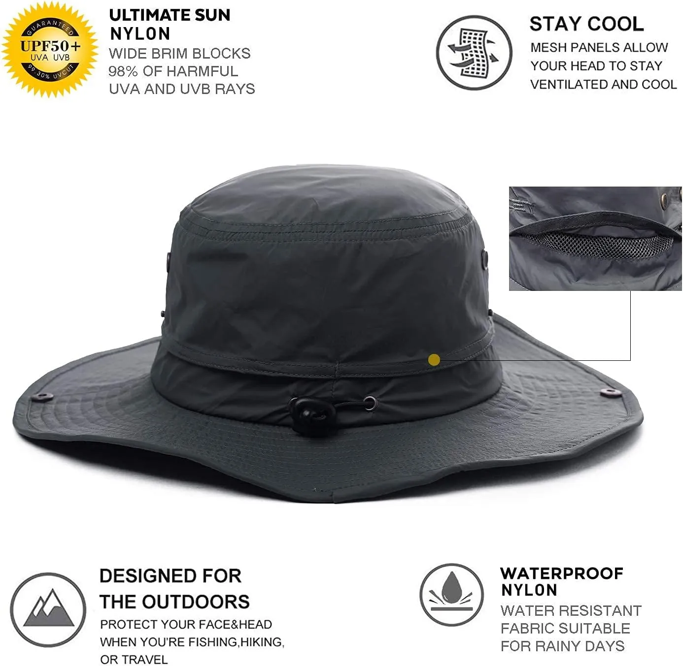 Oversize XL XXL Large Wide Brim Waterproof UPF 50  Bucket Sun Summer Travel Fishing Hiking Fisherman Hat Detachable Chin