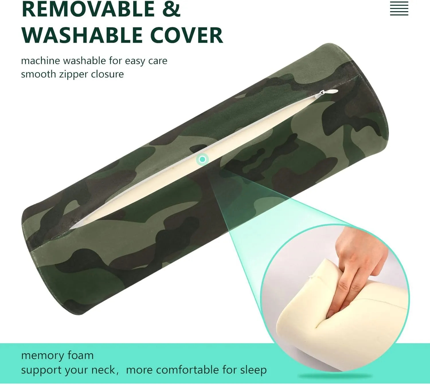 Oyihfvs Abstract Camouflage for Hunting in Green Brown Black Style Round Memory Foam Pillow, Travel Pillow with Removable Washable Cover for Head Neck Legs Support 5.5 x 5.5 x 17 inch