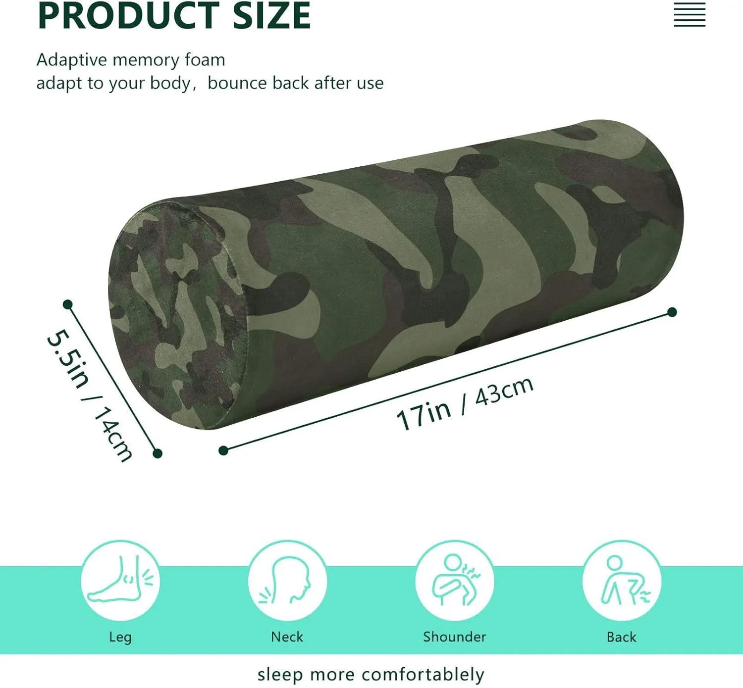 Oyihfvs Abstract Camouflage for Hunting in Green Brown Black Style Round Memory Foam Pillow, Travel Pillow with Removable Washable Cover for Head Neck Legs Support 5.5 x 5.5 x 17 inch