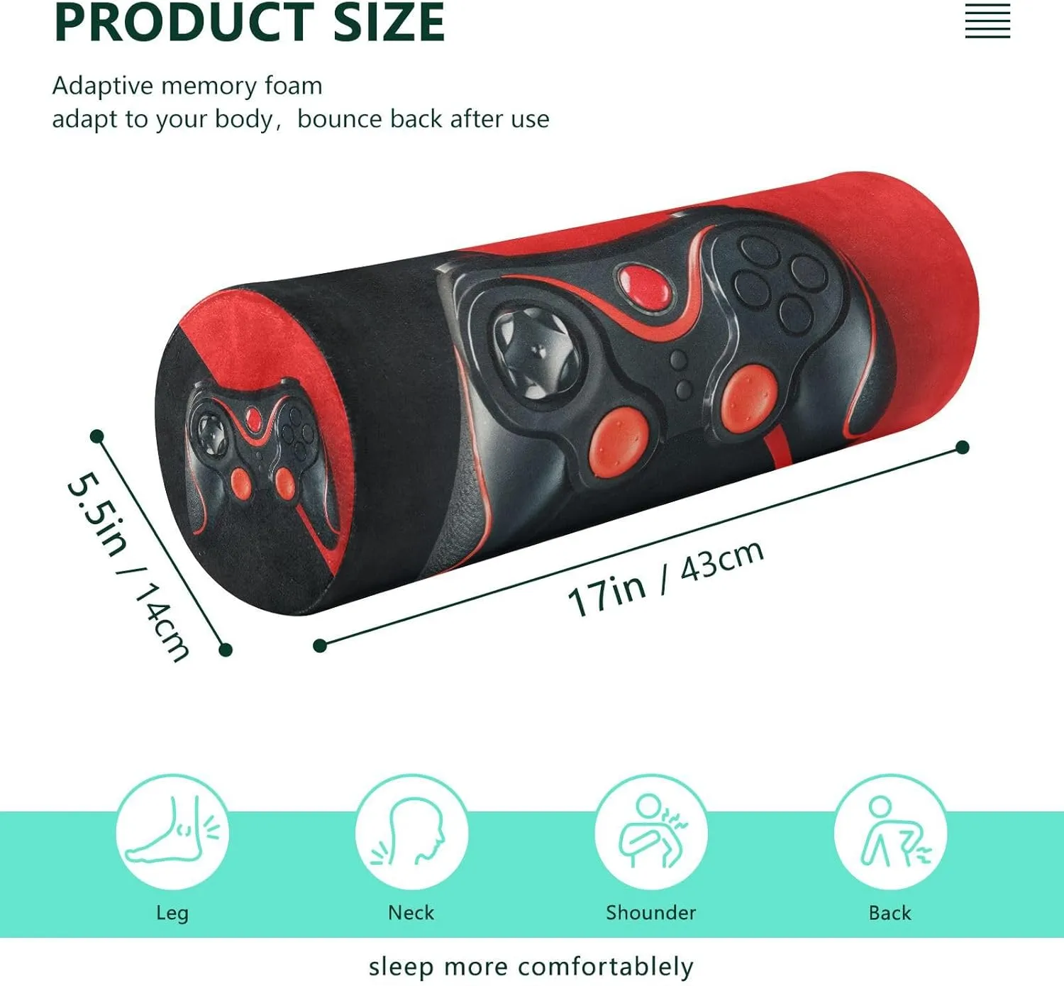 Oyihfvs Black Gamepad on a Black Red Background Gaming Concept Round Memory Foam Pillow, Travel Pillow with Removable Washable Cover for Head Neck Legs Support 5.5 x 5.5 x 17 inch
