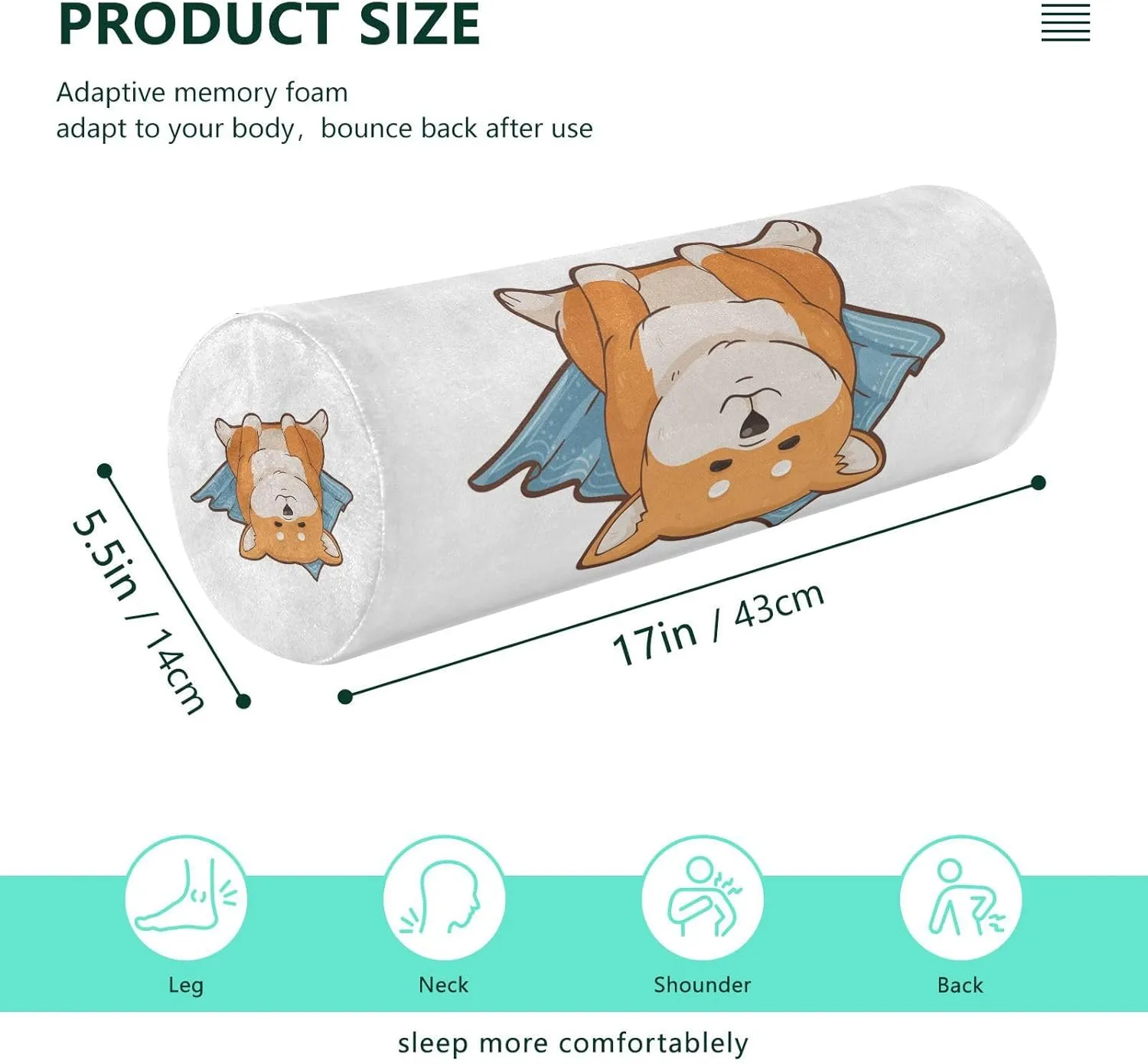 Oyihfvs Funny Orange Shiba Inu Dogs in Different Poses on White Round Memory Foam Pillow, Travel Pillow with Removable Washable Cover for Head Neck Legs Support 5.5 x 5.5 x 17 inch