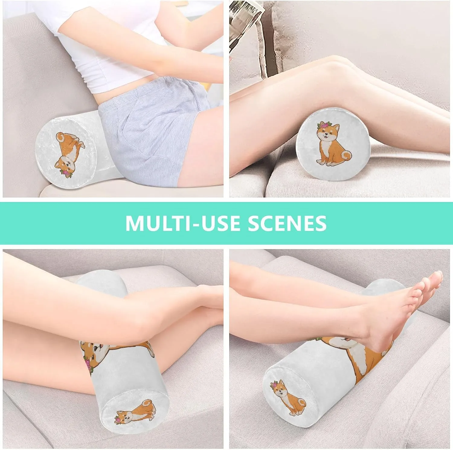 Oyihfvs Funny Orange Shiba Inu Dogs in Different Poses on White Round Memory Foam Pillow, Travel Pillow with Removable Washable Cover for Head Neck Legs Support 5.5 x 5.5 x 17 inch