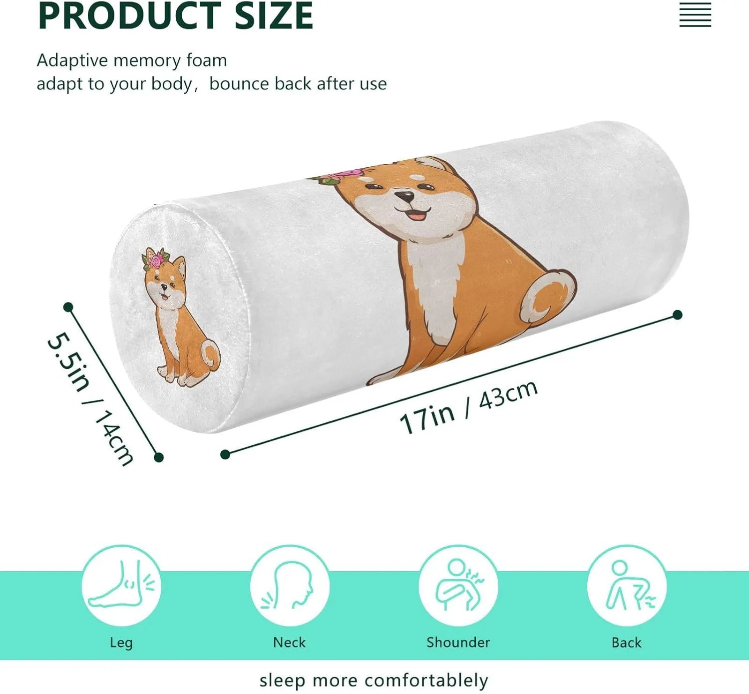 Oyihfvs Funny Orange Shiba Inu Dogs in Different Poses on White Round Memory Foam Pillow, Travel Pillow with Removable Washable Cover for Head Neck Legs Support 5.5 x 5.5 x 17 inch