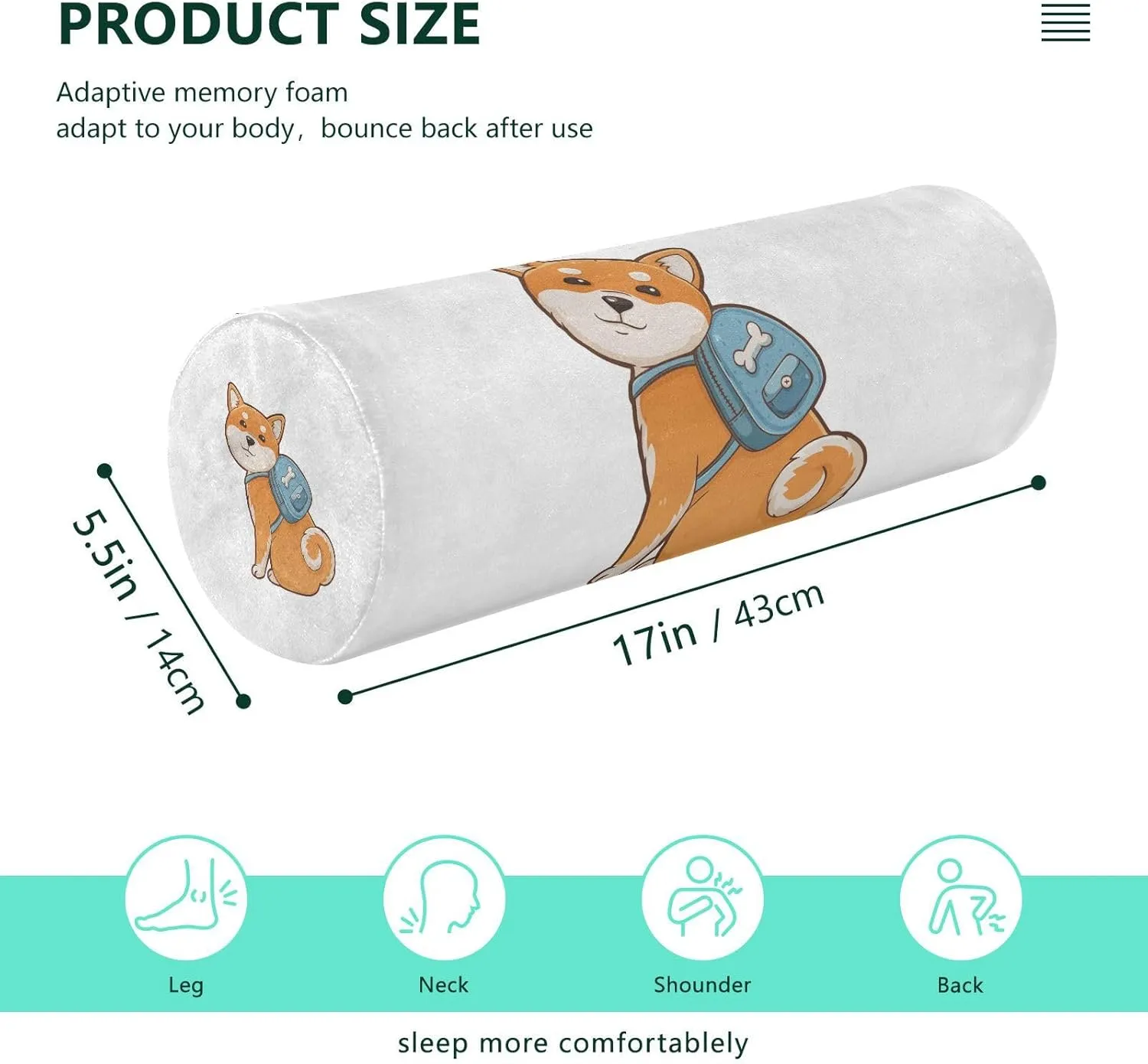 Oyihfvs Funny Orange Shiba Inu Dogs in Different Poses on White Round Memory Foam Pillow, Travel Pillow with Removable Washable Cover for Head Neck Legs Support 5.5 x 5.5 x 17 inch