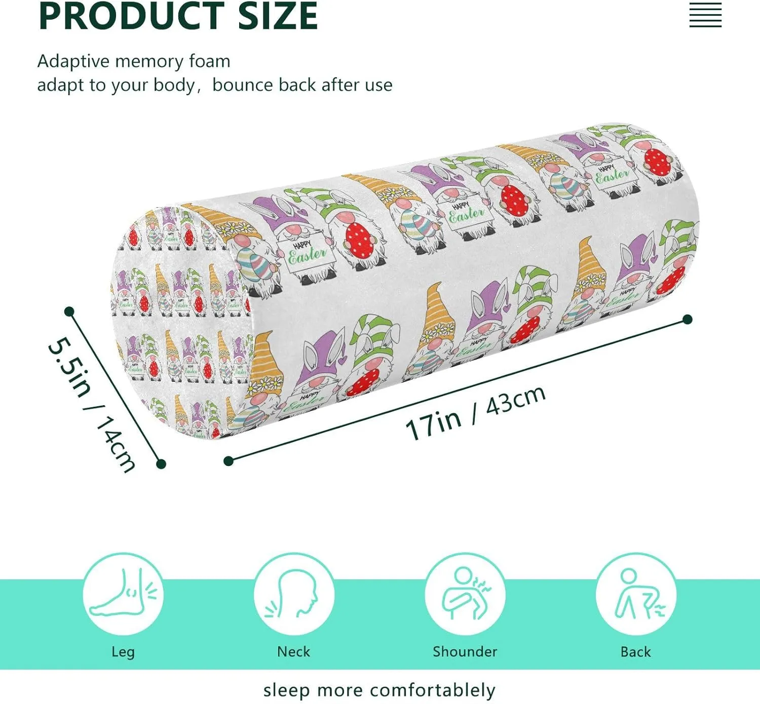 Oyihfvs Happy Easter Gnomes with Easter Eggs Light Colors on White Round Memory Foam Pillow, Travel Pillow with Removable Washable Cover for Head Neck Legs Support 5.5 x 5.5 x 17 inch
