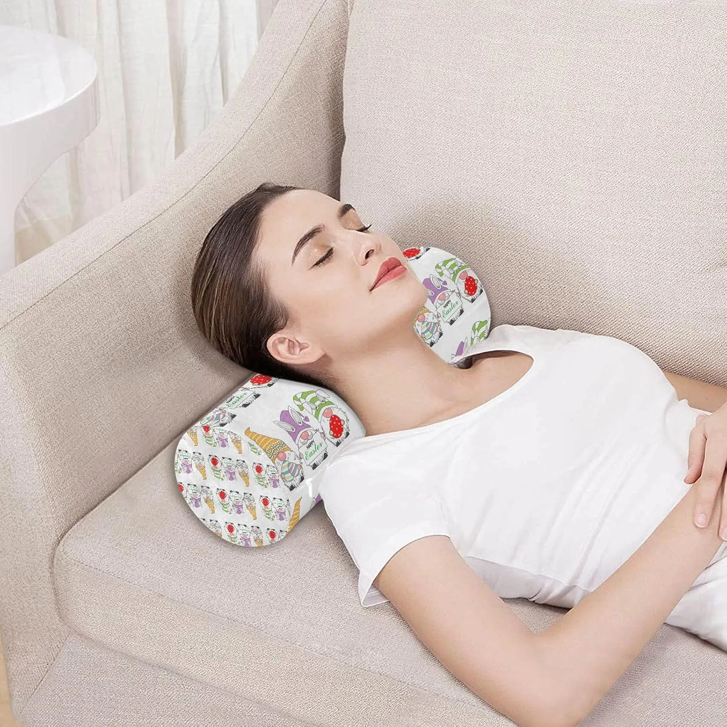 Oyihfvs Happy Easter Gnomes with Easter Eggs Light Colors on White Round Memory Foam Pillow, Travel Pillow with Removable Washable Cover for Head Neck Legs Support 5.5 x 5.5 x 17 inch