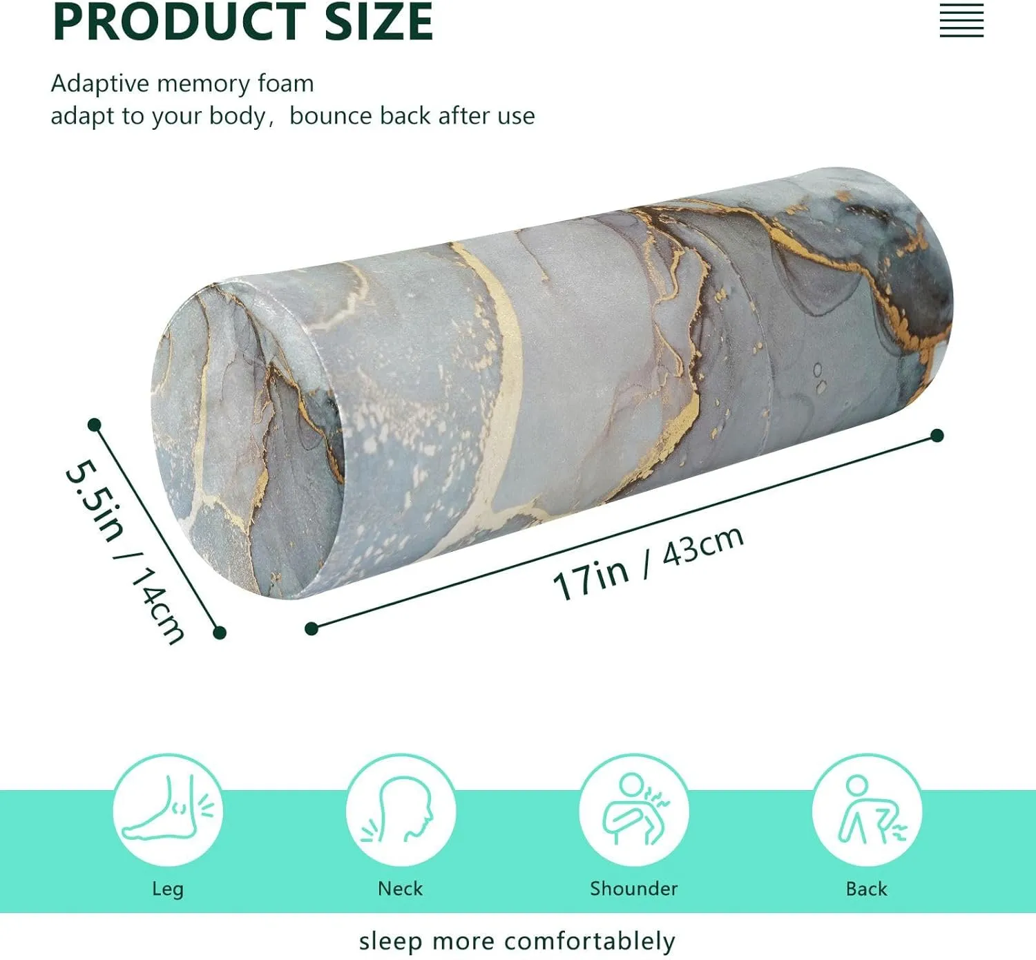 Oyihfvs Marble Agate with White and Gold Veins Powder Marbling Surface Round Memory Foam Pillow, Travel Pillow with Removable Washable Cover for Head Neck Legs Support 5.5 x 5.5 x 17 inch