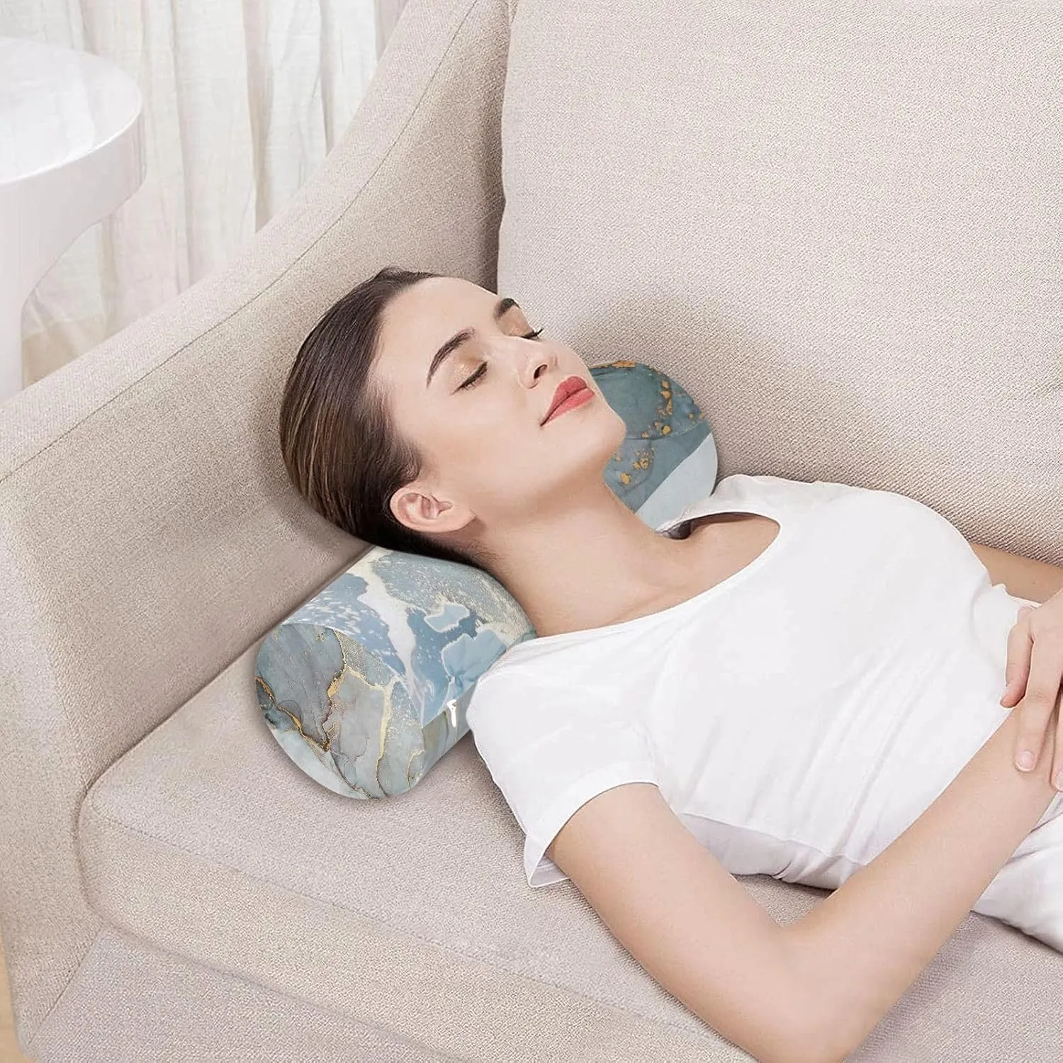 Oyihfvs Marble Agate with White and Gold Veins Powder Marbling Surface Round Memory Foam Pillow, Travel Pillow with Removable Washable Cover for Head Neck Legs Support 5.5 x 5.5 x 17 inch
