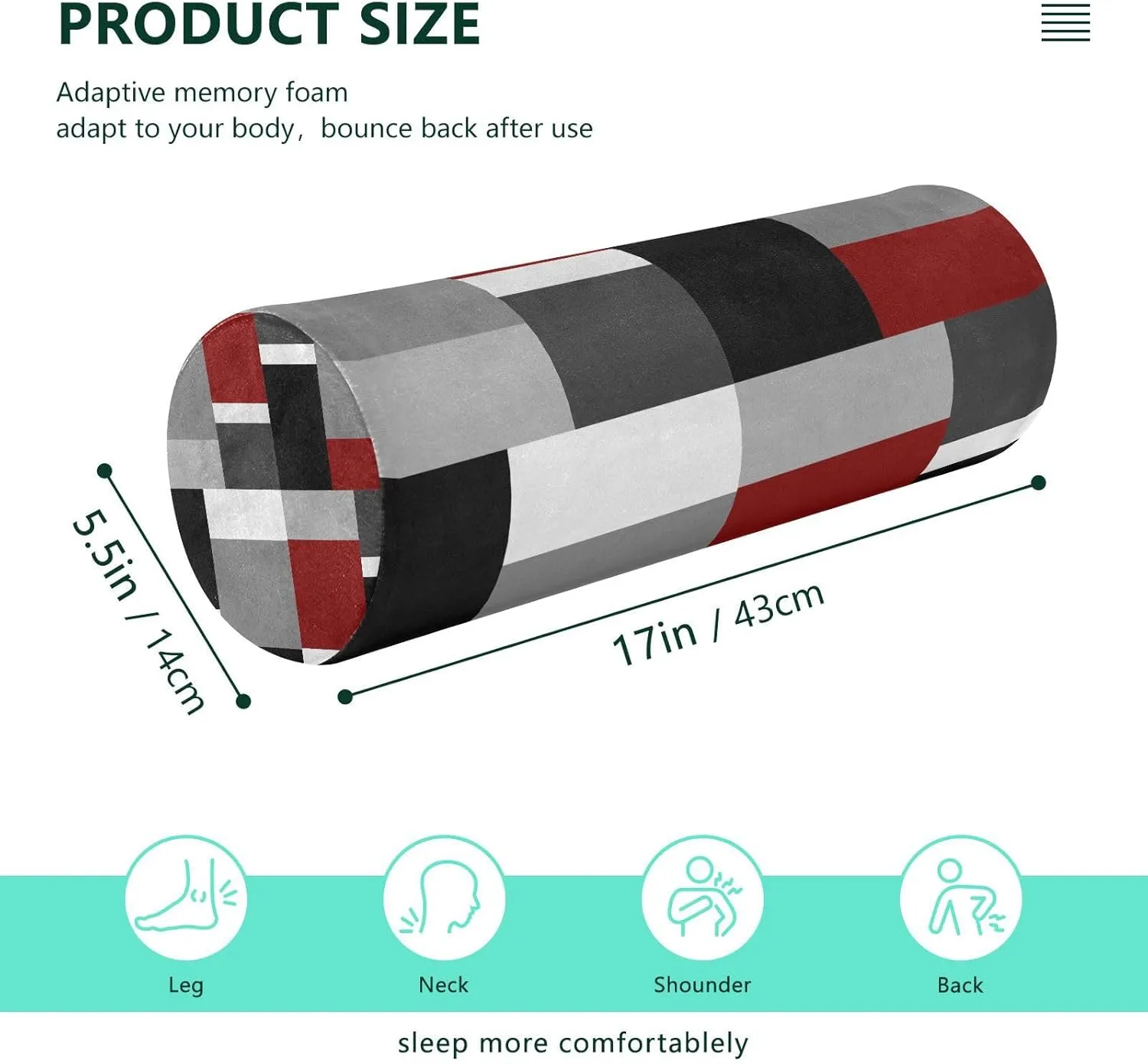 Oyihfvs Seamless Red, Grey, Black and White Rectangles Modern Style Round Memory Foam Pillow, Travel Pillow with Removable Washable Cover for Head Neck Legs Support 5.5 x 5.5 x 17 inch