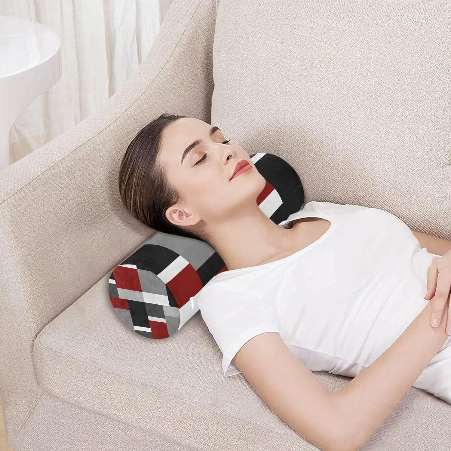 Oyihfvs Seamless Red, Grey, Black and White Rectangles Modern Style Round Memory Foam Pillow, Travel Pillow with Removable Washable Cover for Head Neck Legs Support 5.5 x 5.5 x 17 inch
