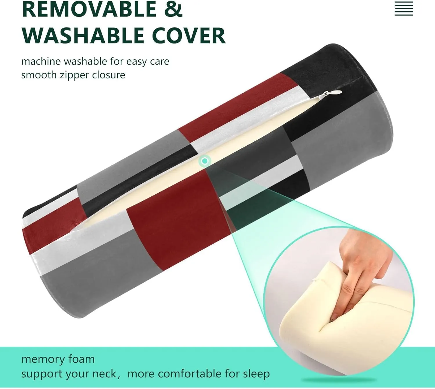 Oyihfvs Seamless Red, Grey, Black and White Rectangles Modern Style Round Memory Foam Pillow, Travel Pillow with Removable Washable Cover for Head Neck Legs Support 5.5 x 5.5 x 17 inch