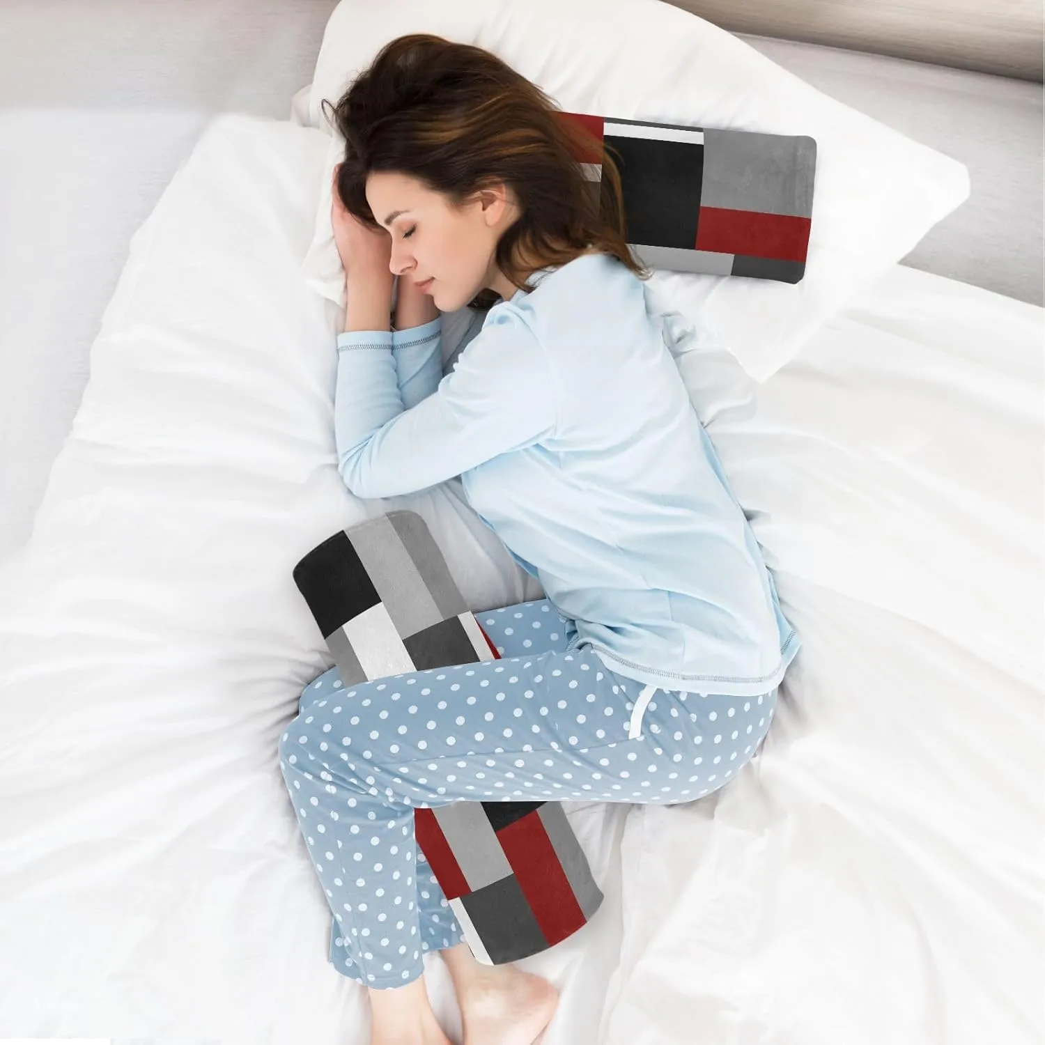 Oyihfvs Seamless Red, Grey, Black and White Rectangles Modern Style Round Memory Foam Pillow, Travel Pillow with Removable Washable Cover for Head Neck Legs Support 5.5 x 5.5 x 17 inch