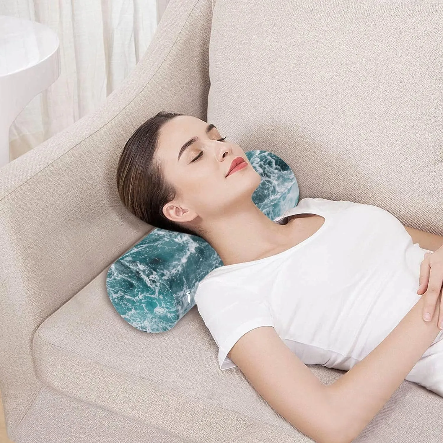 Oyihfvs Turquoise Ocean Wavy Surface Water Splashes Close Up Round Memory Foam Pillow, Travel Pillow with Removable Washable Cover for Head Neck Legs Support 5.5 x 5.5 x 17 inch