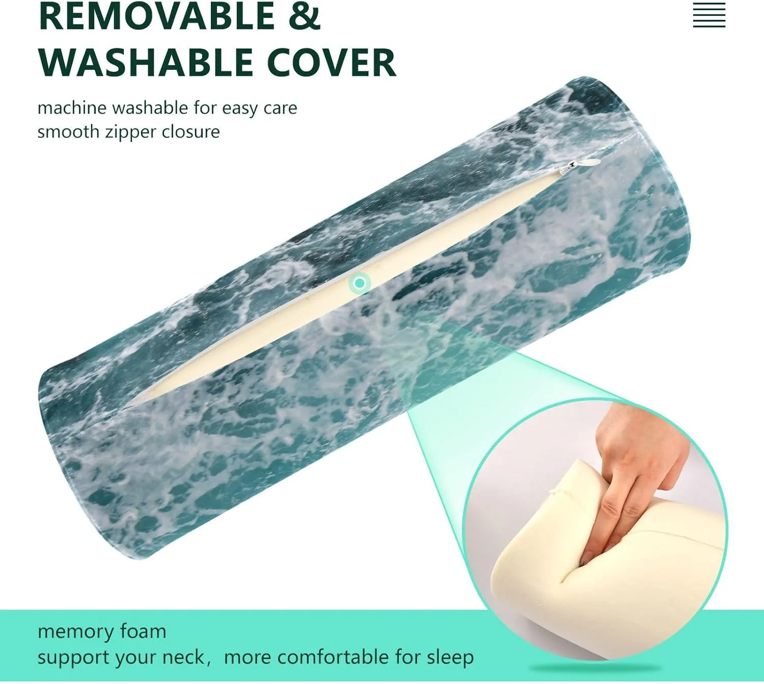 Oyihfvs Turquoise Ocean Wavy Surface Water Splashes Close Up Round Memory Foam Pillow, Travel Pillow with Removable Washable Cover for Head Neck Legs Support 5.5 x 5.5 x 17 inch