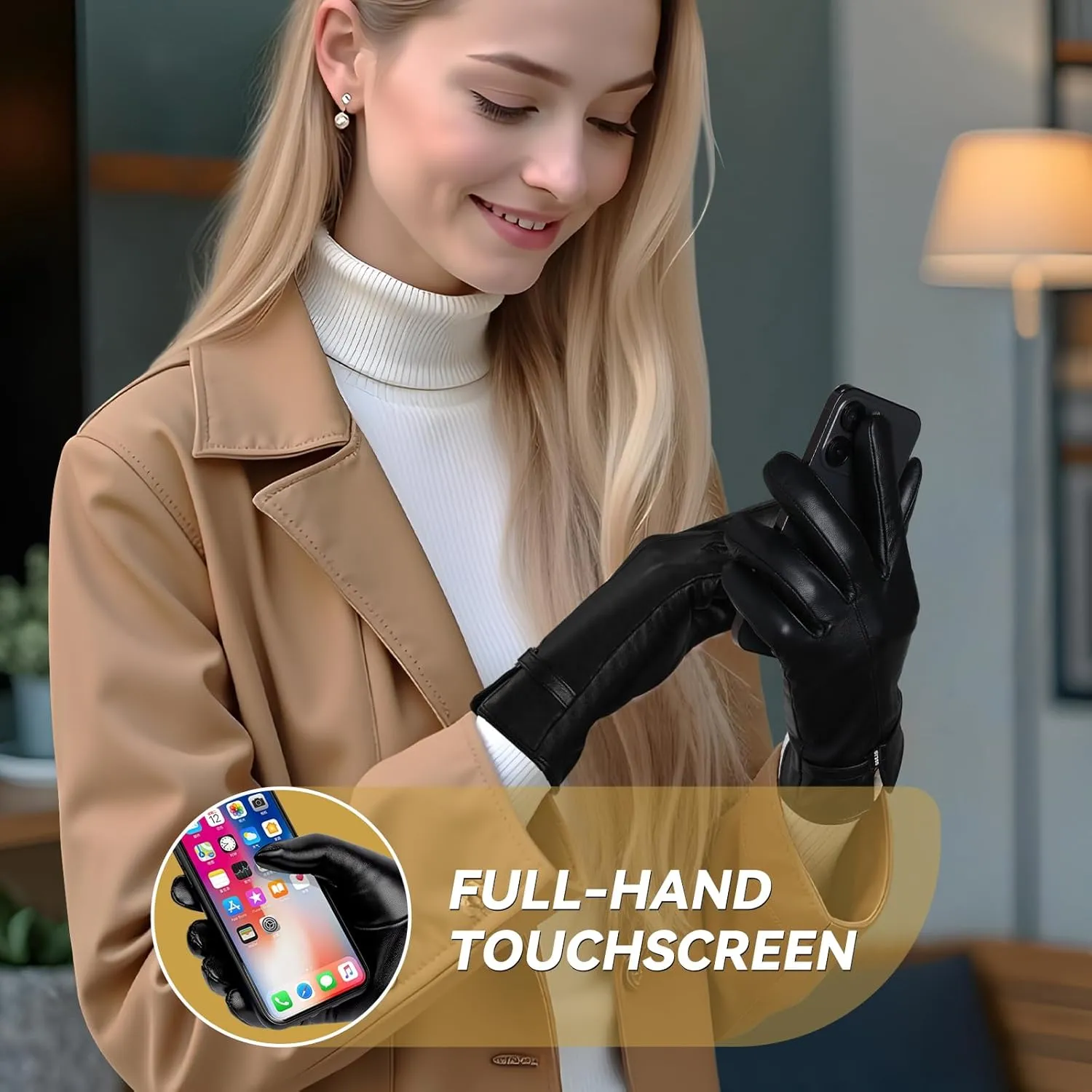 OZERO Leather Womens Gloves Winter, Sheepskin Wool Warm Womens Gloves with Touchscreen Fingers for Cold Weather