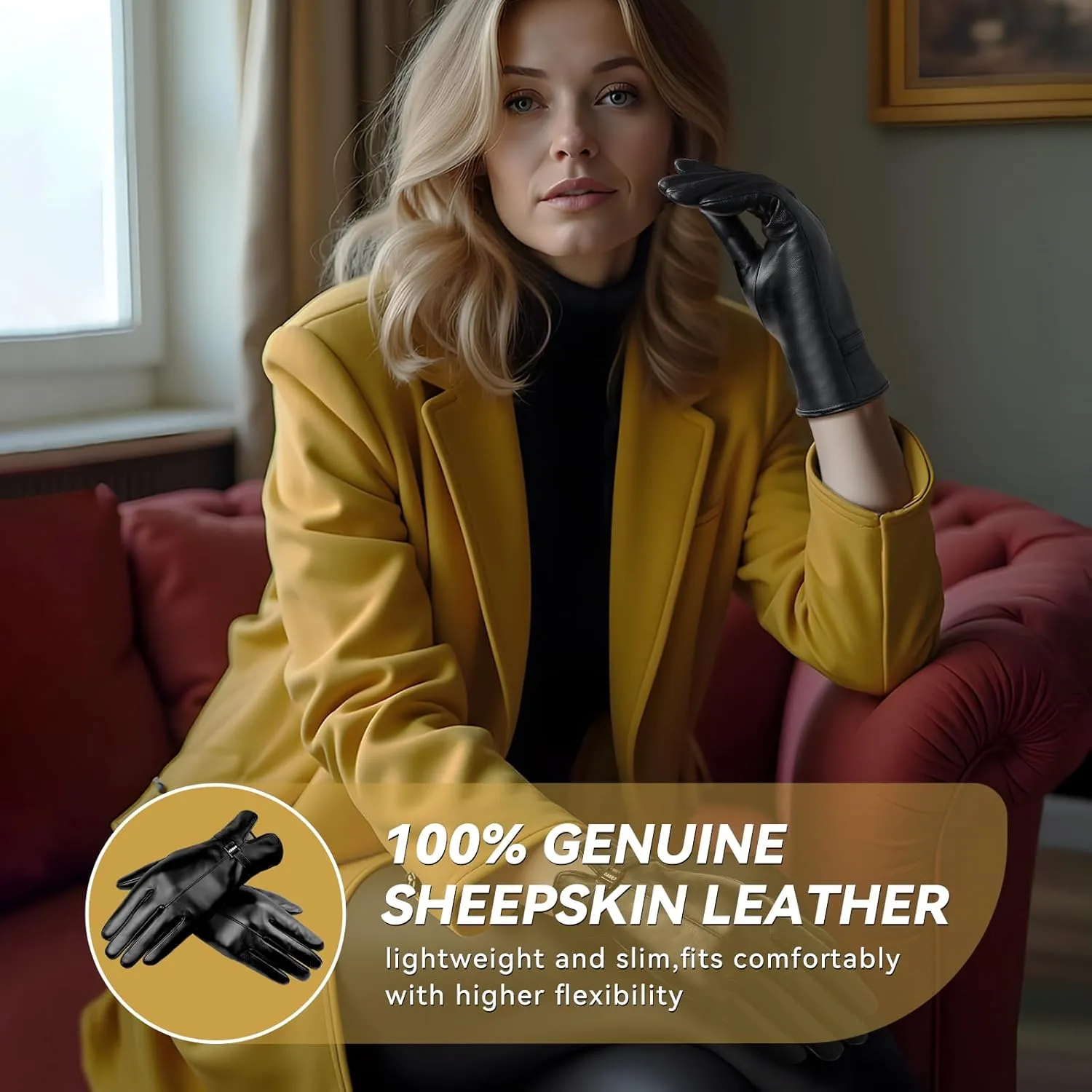 OZERO Leather Womens Gloves Winter, Sheepskin Wool Warm Womens Gloves with Touchscreen Fingers for Cold Weather