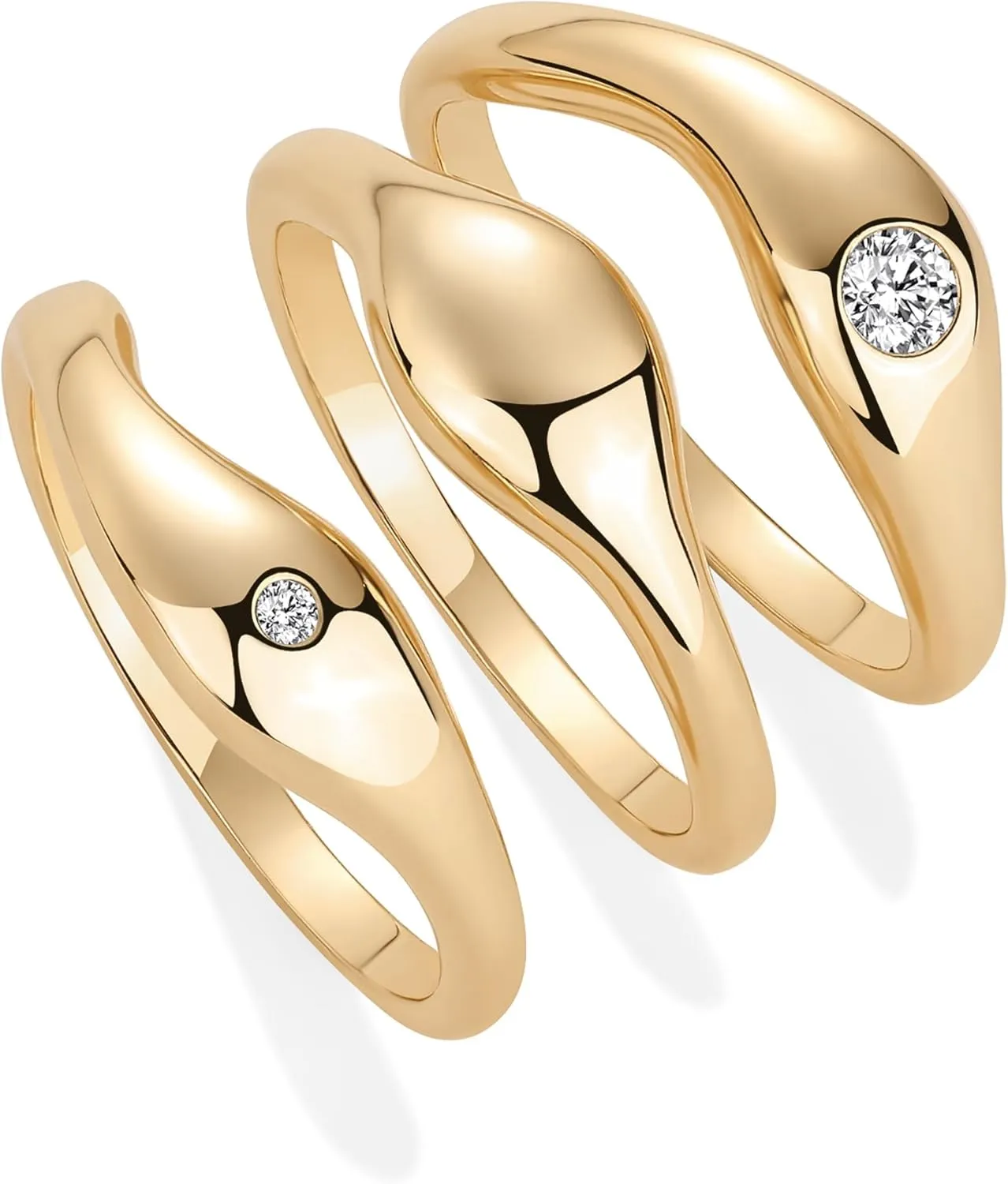 PAVOI 14K Gold Plated Chunky Stackable Rings Set for Women | Cubic Zirconia Bands Set | 3 Statement Rings Pack