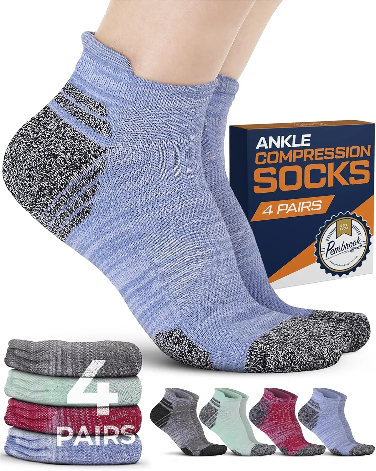 Pembrook Ankle Compression Socks for Women & Men - 4 Pairs | Sports Running Compression Socks | Athletic Ankle Support Socks