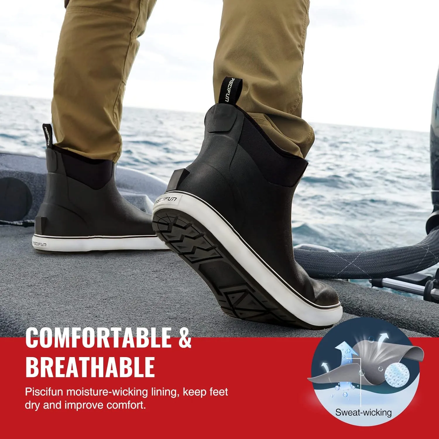 Piscifun Men s Deck Boots, Waterproof Fishing Rain Boots, Anti-Slip Rubber Boots with Breathable Neoprene Lining