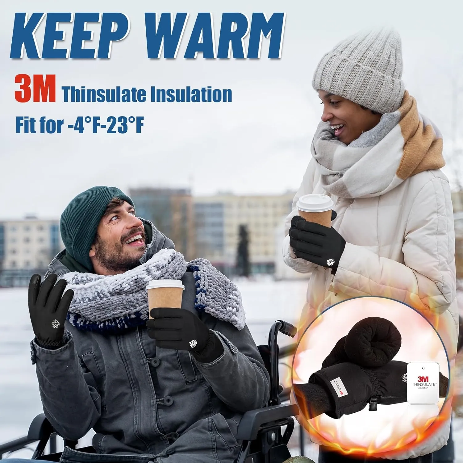 Pixel Panda Ski Gloves - Waterproof & Windproof, 3M Thinsulate Insulated, Touchscreen Compatible, Anti-Slip, Black, Adult Men's Skiing Gloves for Cold Weather & Snow Sports
