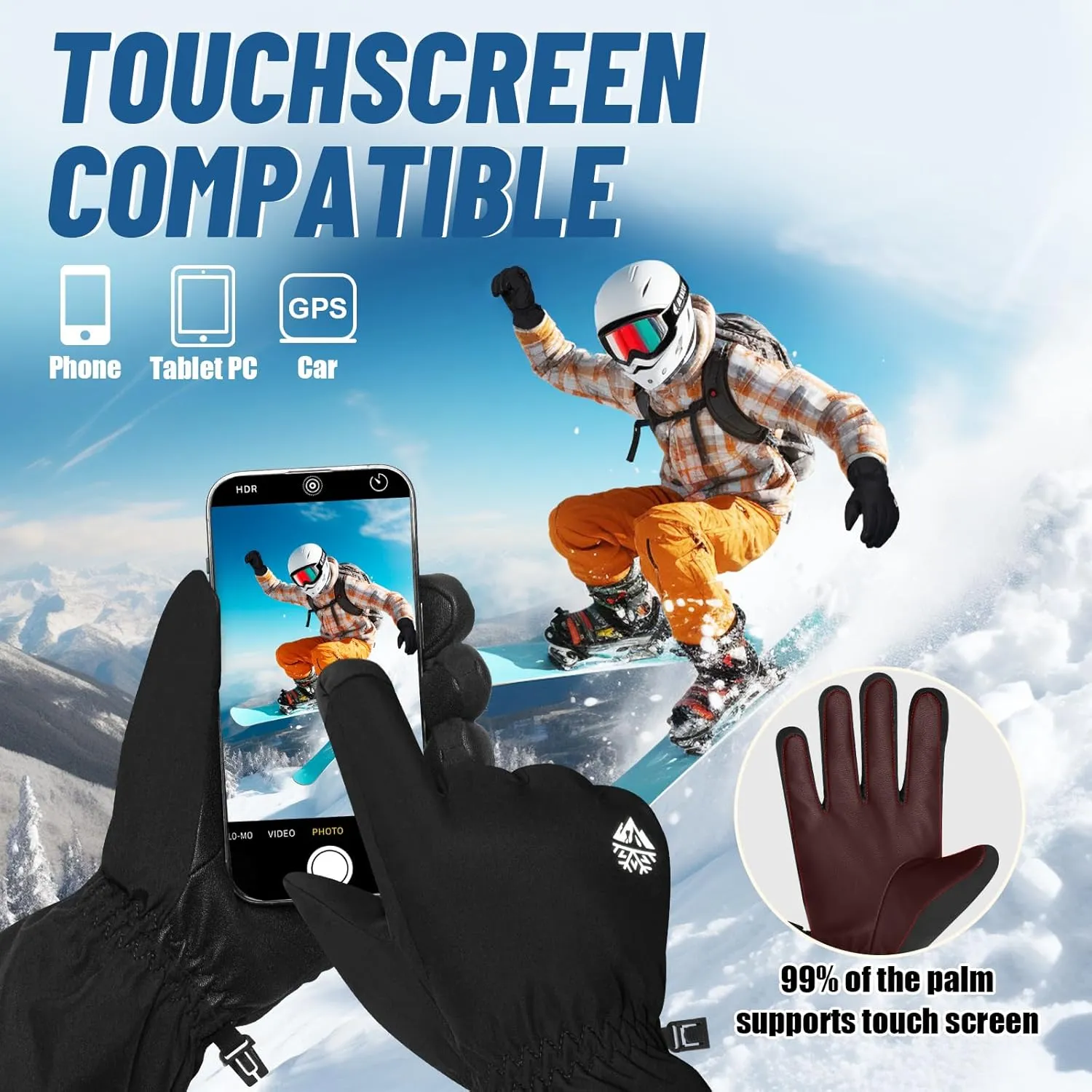 Pixel Panda Ski Gloves - Waterproof & Windproof, 3M Thinsulate Insulated, Touchscreen Compatible, Anti-Slip, Black, Adult Men's Skiing Gloves for Cold Weather & Snow Sports