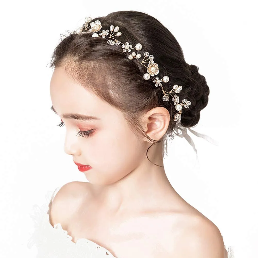 PRDGIRL     , Princess Headpiece White Flower Headband Pearl Hair Dress for Girl and Flower Girls Cute Bridal Wedding Hair Band