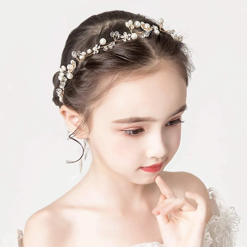 PRDGIRL     , Princess Headpiece White Flower Headband Pearl Hair Dress for Girl and Flower Girls Cute Bridal Wedding Hair Band