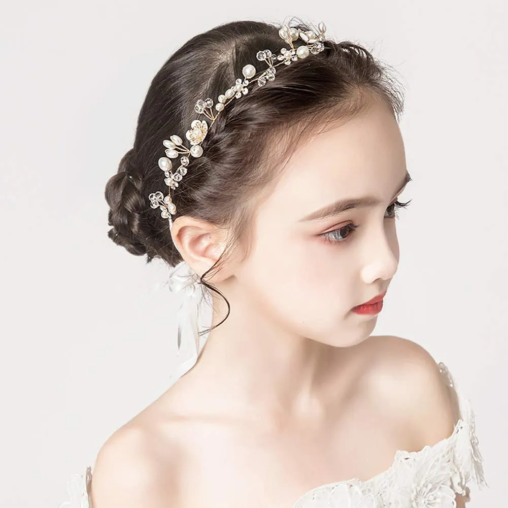 PRDGIRL     , Princess Headpiece White Flower Headband Pearl Hair Dress for Girl and Flower Girls Cute Bridal Wedding Hair Band