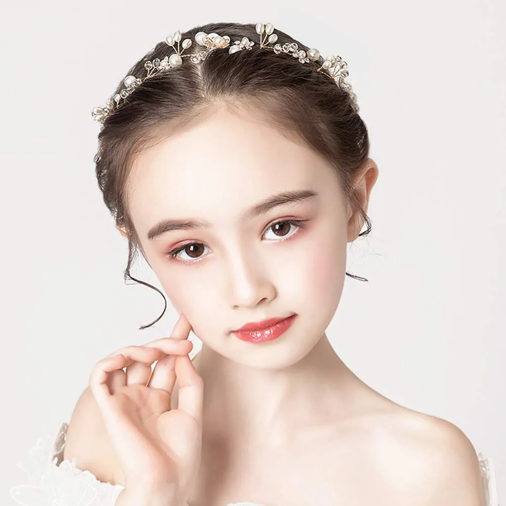 PRDGIRL     , Princess Headpiece White Flower Headband Pearl Hair Dress for Girl and Flower Girls Cute Bridal Wedding Hair Band