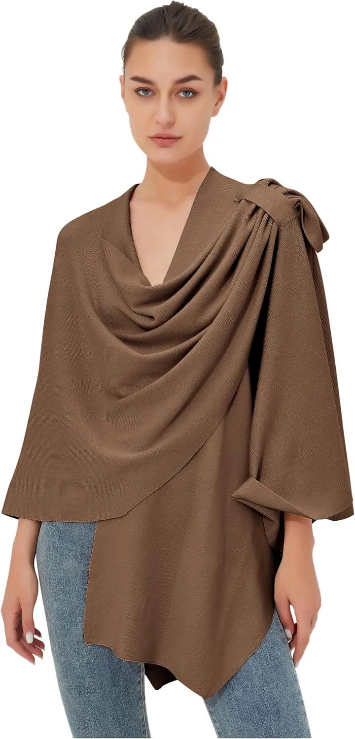 PULI Womens Large Cross Front Poncho Sweater Wrap Topper Knitted Elegant Shawls Cape for Fall Winter